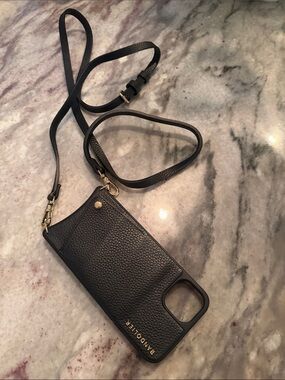 Bandolier Black Leather Wristlet Phone Case with Gold Hardware